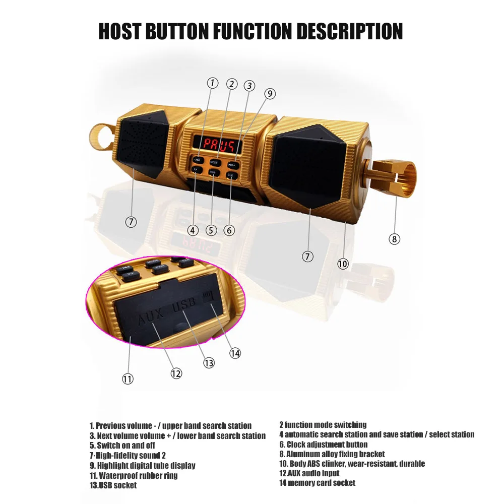 MP3-плеер для мотоцикла 12 В Bluetooth стерео колонка FM радио светодиодный дисплей