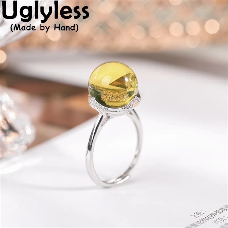 

Uglyless New Gemstones Natural Transparent Blue Amber Rings for Women Real 925 Glossy Silver Ring Lotus Jewelry Gemstones Bijoux