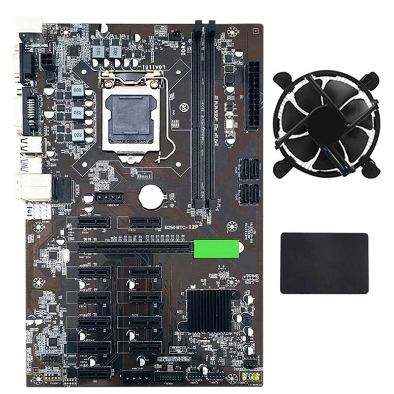 

Материнская плата B250 BTC для майнера, 12 PCIE 16X, графическая карта LGA1151 с SATA SSD120G + охлаждающий вентилятор, поддержка DDR4 VGA