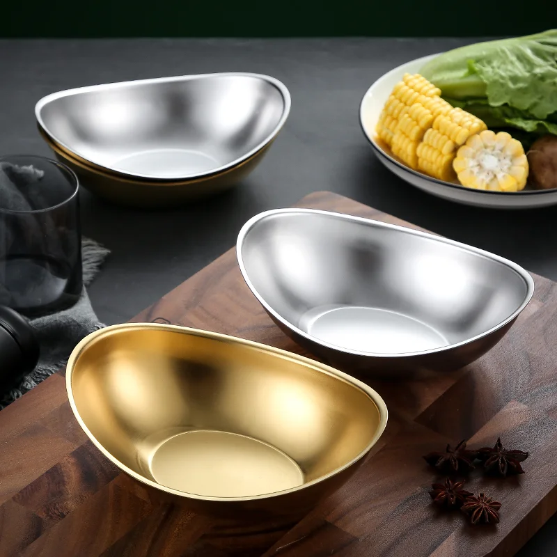 

304 Stainless Steel Korean Salad Bowl Creative Golden Ingot Bowl Dessert Bowl Snack Bowl Cooking Tableware Fruit Plate