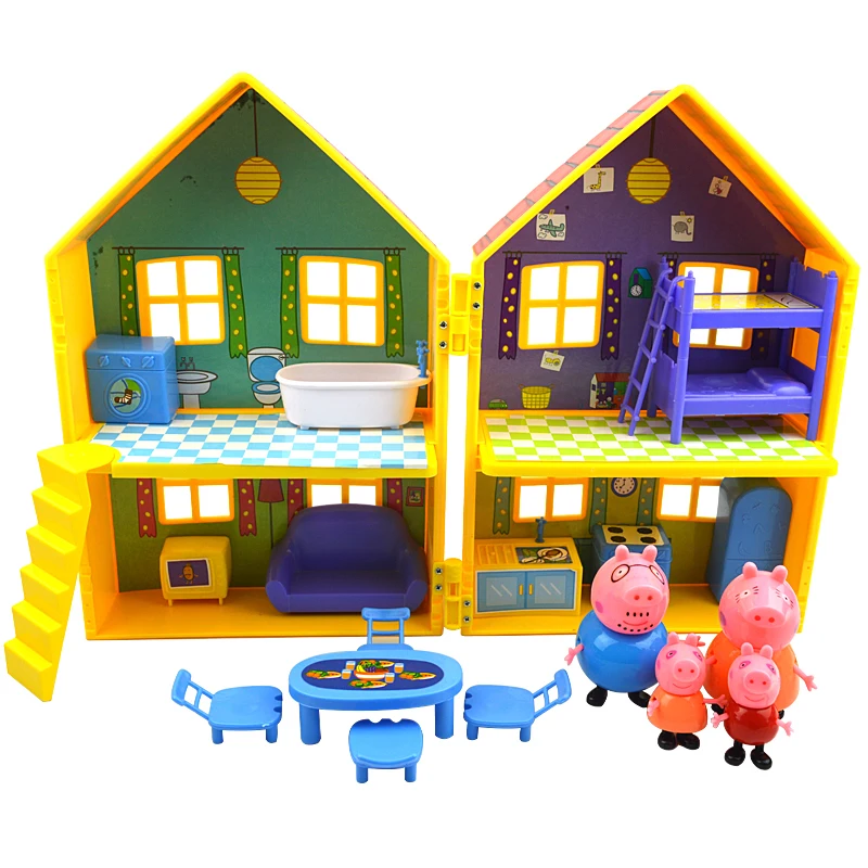 Home And 4 Figures Оригинальная игрушка Peppa, Свинка Джордж, фигурки, кукла Peppa, друзья, любовь, обучение, классная сцена, развивающие игрушки, Детский Рождественский подарок - Цвет: Home And 4 Figures