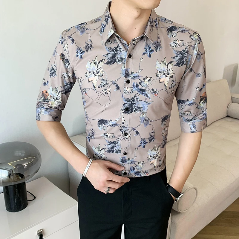 Корейский Новый Хаки цветочные рубашки для мужчин одежда 2021 простой отложной
