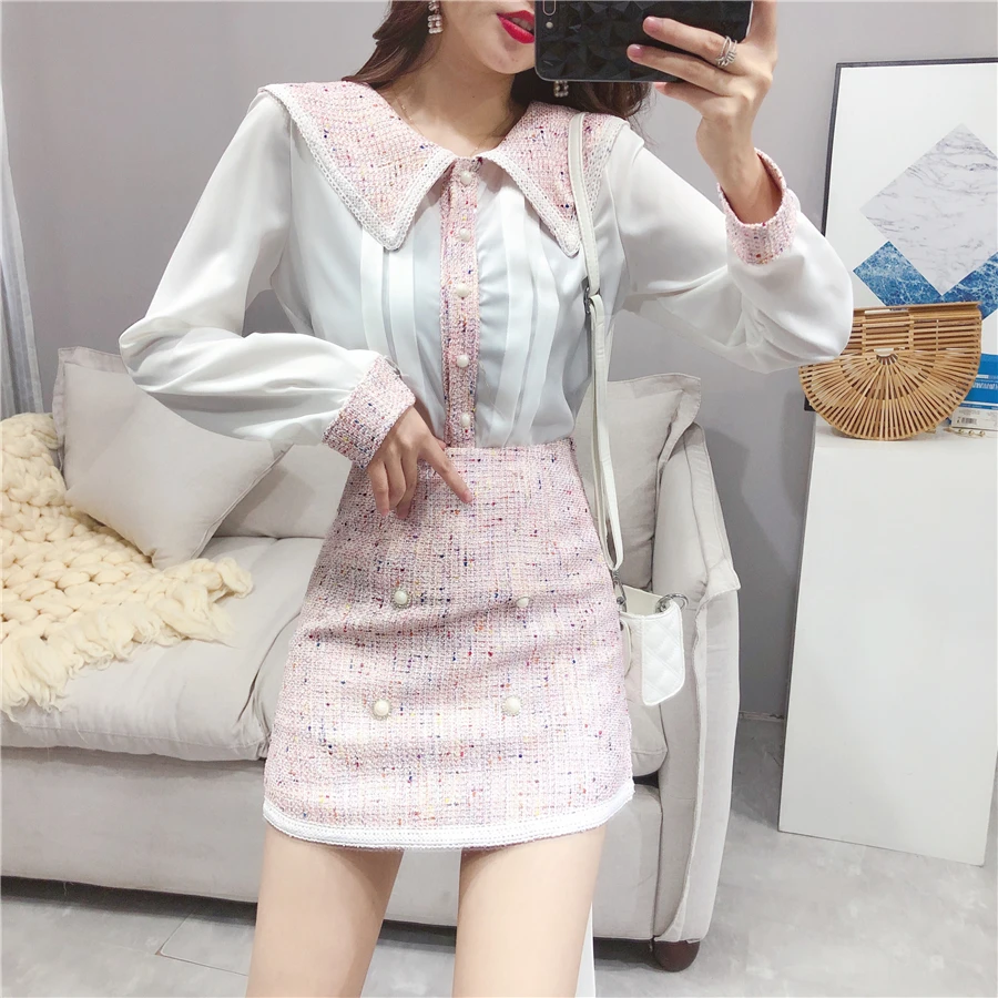 Женский элегантный костюм из двух предметов твидовый шифоновый прозрачный топ в