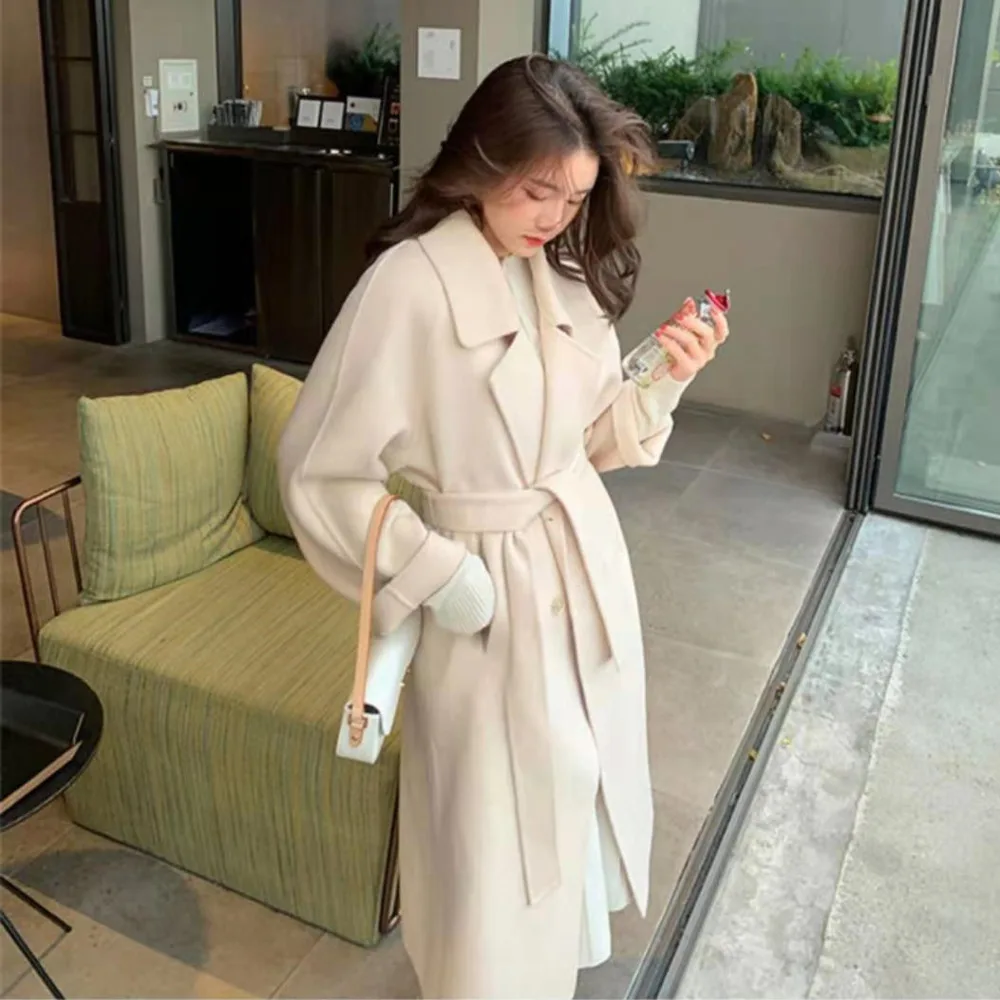 Женское шерстяное пальто с поясом Свободное длинное в Корейском стиле на осень и