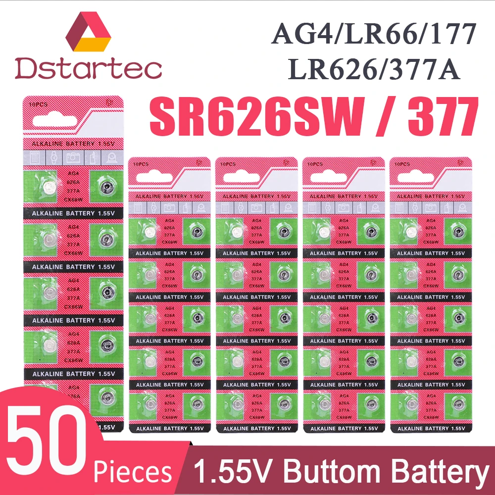 

50pcs NEW 377 SR626SW AG4 LR626 Watch Batteries SR626 177 376 LR66 SR66 Button Cell 1.55V Battery; Long Shelf Life 0% Mercury