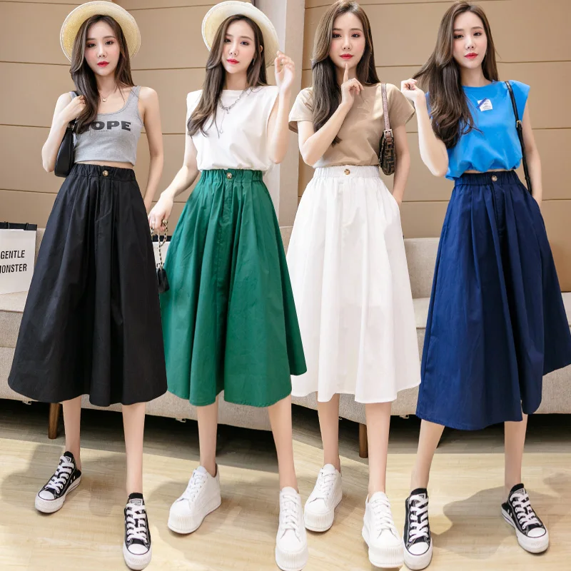 

2021 New Arrival Summer College Style Women Loose Casual Elastic Waist Mid-calf Skirt All-matched Cotton A-line Skirts W345