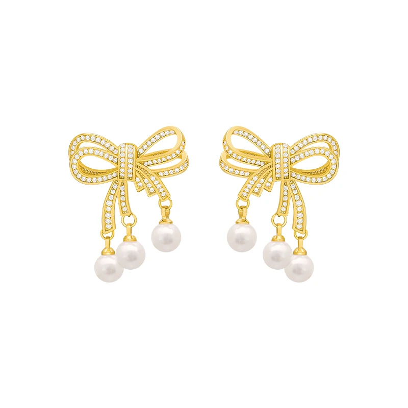 

Heavy industry luxury zircon pearl Bow Earrings elegant women jewelry fashion party temperament ladies Christmas Earrings