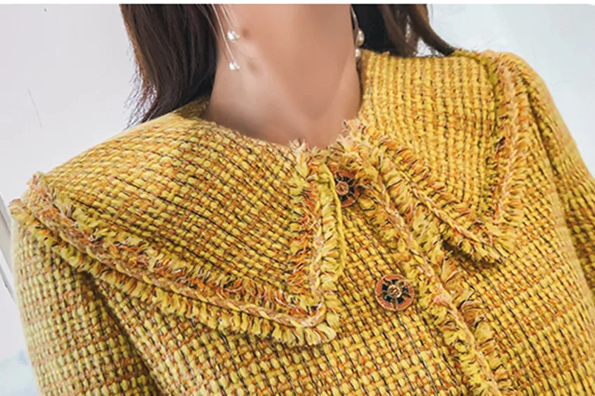 HAMALIEL Brand Runway Tweed Two Piece Set Fall Winter Women Yellow Plaid Tassel Short Weave Jacket +Pencil Wool Blends Skirt | Женская