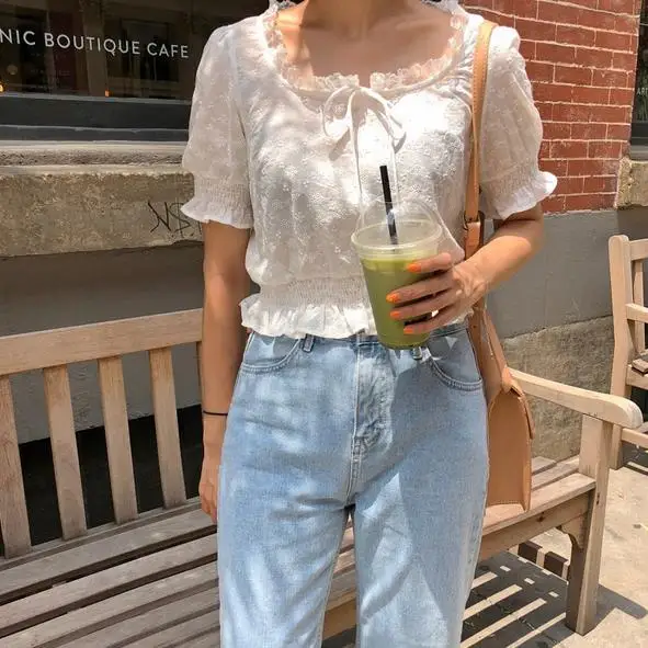 2020 Летние повседневные белые рубашки с цветочной вышивкой и бантом со шнуровкой