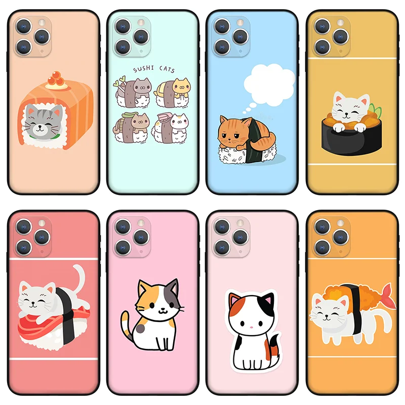 

Japanese cat sushi Phone Case For iPhone 11 12 Pro Max X XS XR Xs Max Mini 6 6s 7 8 Plus se black Silicone Case