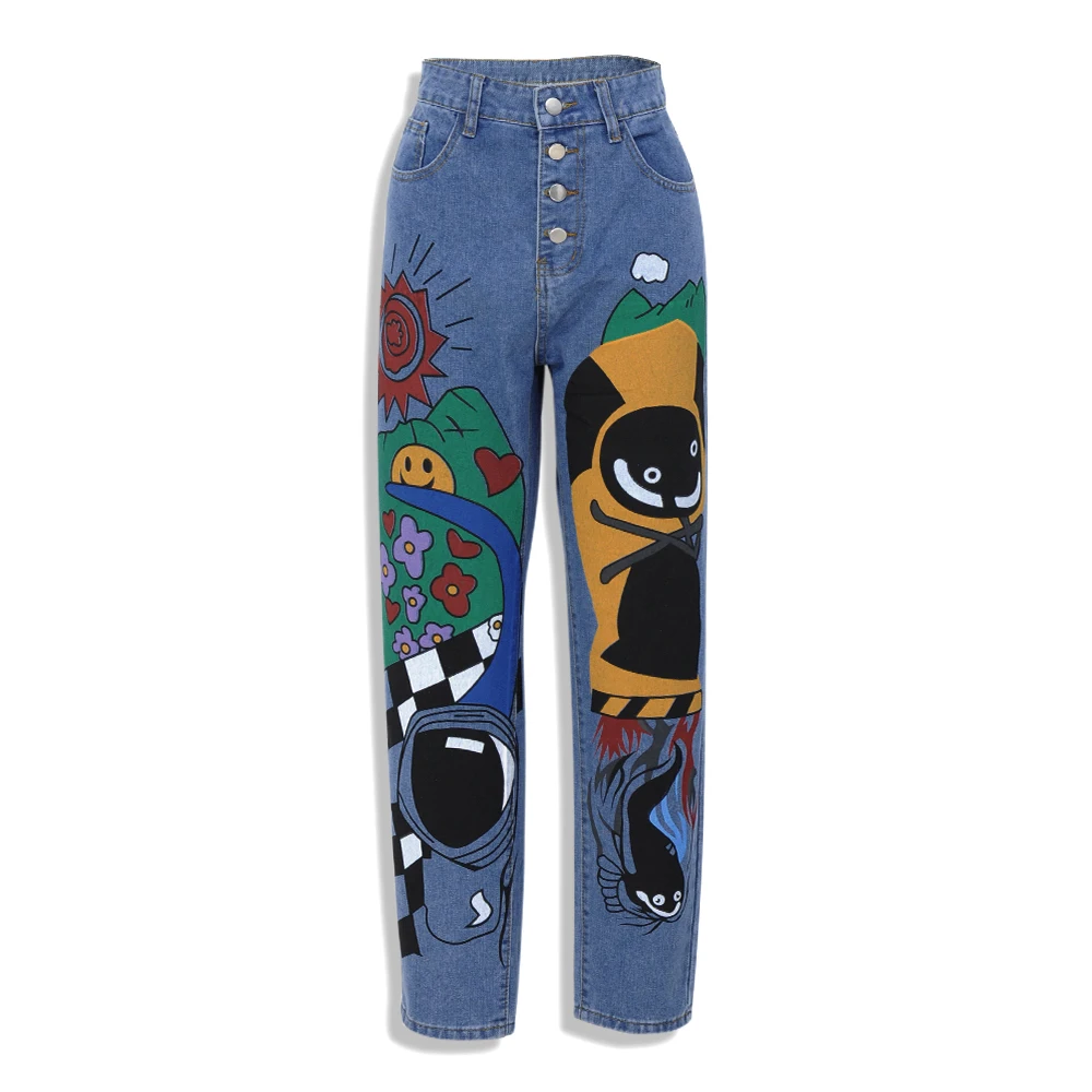 

Cartoon Printed Jeans Atumn Winter Girls Harem Pant Trousers Single Breasted Plus Size Female Hight Waist Denim Jean