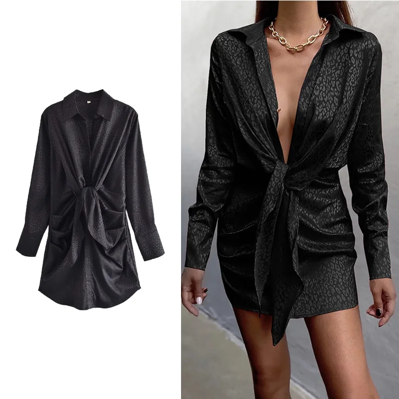 

TRAF 2021 zar Dress Autumn Fashion New Lacing Satin Dress Woman Casual Retro Long Sleeve Solid Color Party Dresses