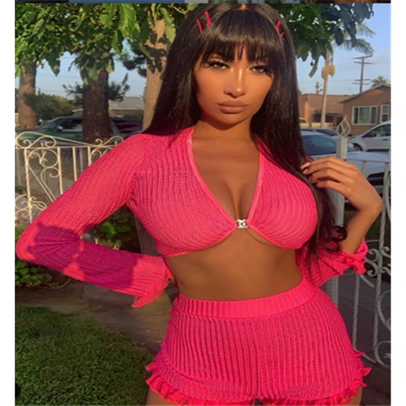 2 шт Сексуальная женская прозрачная вязанная с длинным рукавом v образный вырез в