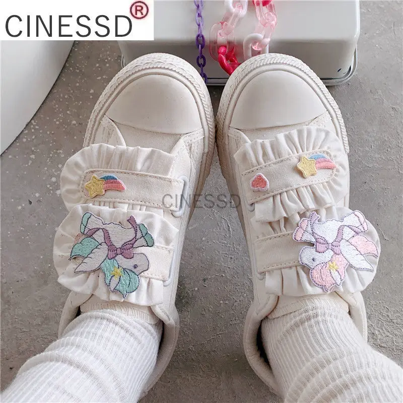 

Женские эспадрильи с вышитыми наклейками, летняя Милая обувь в стиле "Лолита", холщовые кроссовки на липучке, женские кроссовки с сердечками...