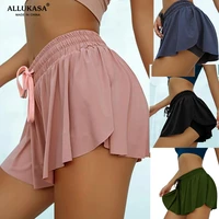 allukasahot sale summer anti light fake two piece women shorts casual beach mid waist solid fashion lace up ruffle