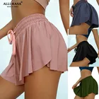 AllukasaHot распродажа летние женские шорты из двух частей, повседневные пляжные шорты со средней талией, однотонные модные шорты со шнуровкой и оборками