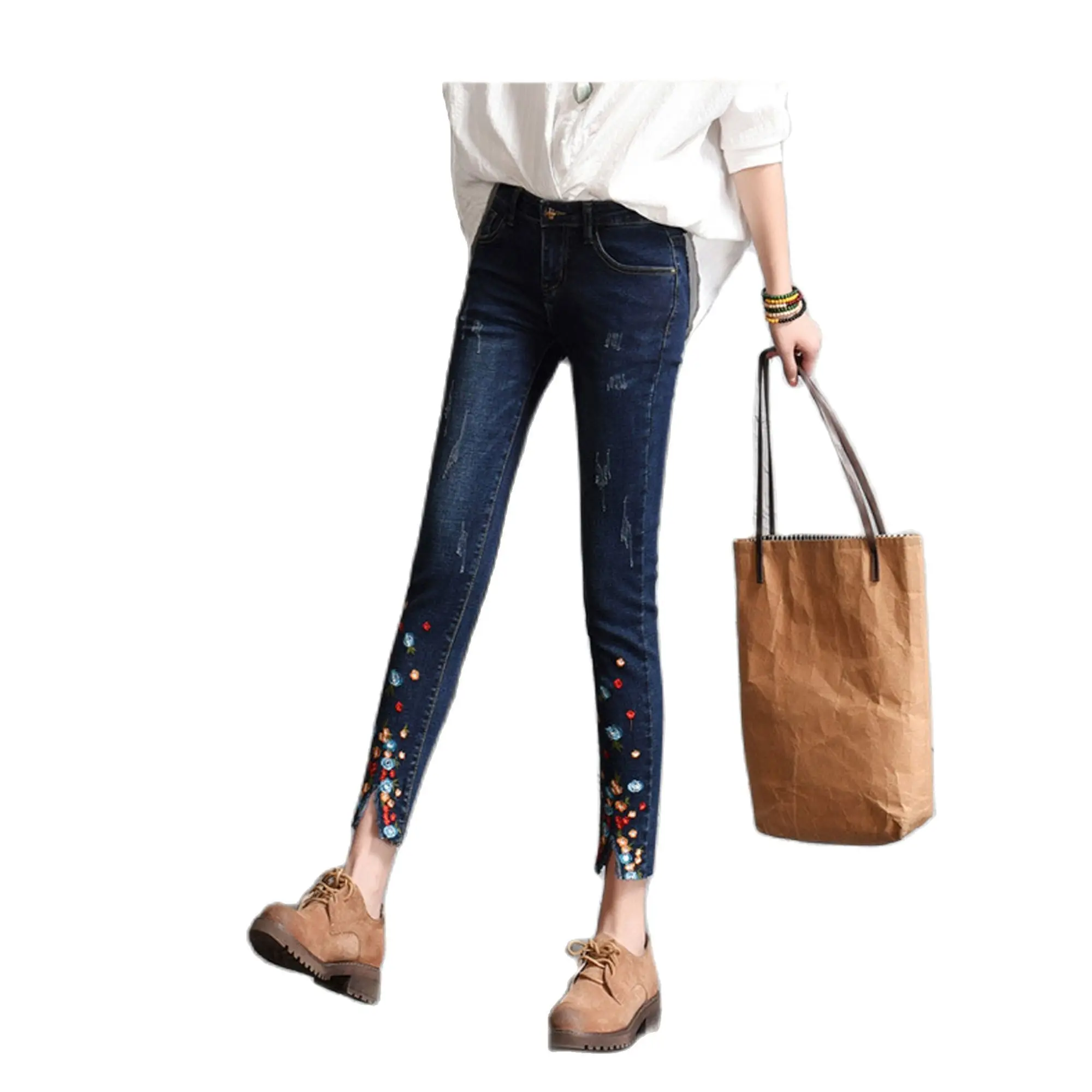 Джинсы CHOLYL женские Стрейчевые с вышивкой джинсы карандаш цветочным принтом