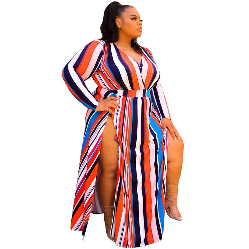 

Fashion Plus Size Women Dresses Contrast Color Striped Printing V-Neck Long Sleeve Skinny Waist Side Split Dress Nightclub Party