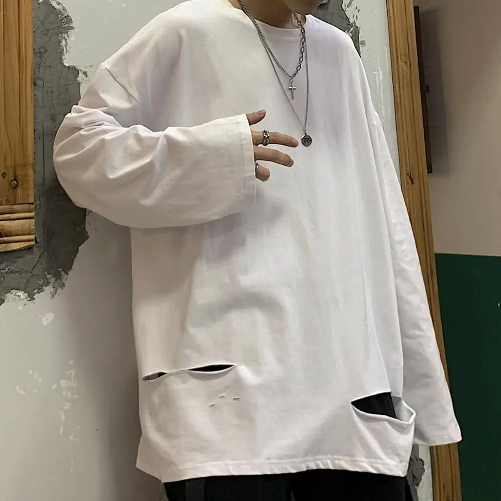 Футболка Sring мужская с дырками рваная Однотонная рубашка в стиле хип-хоп