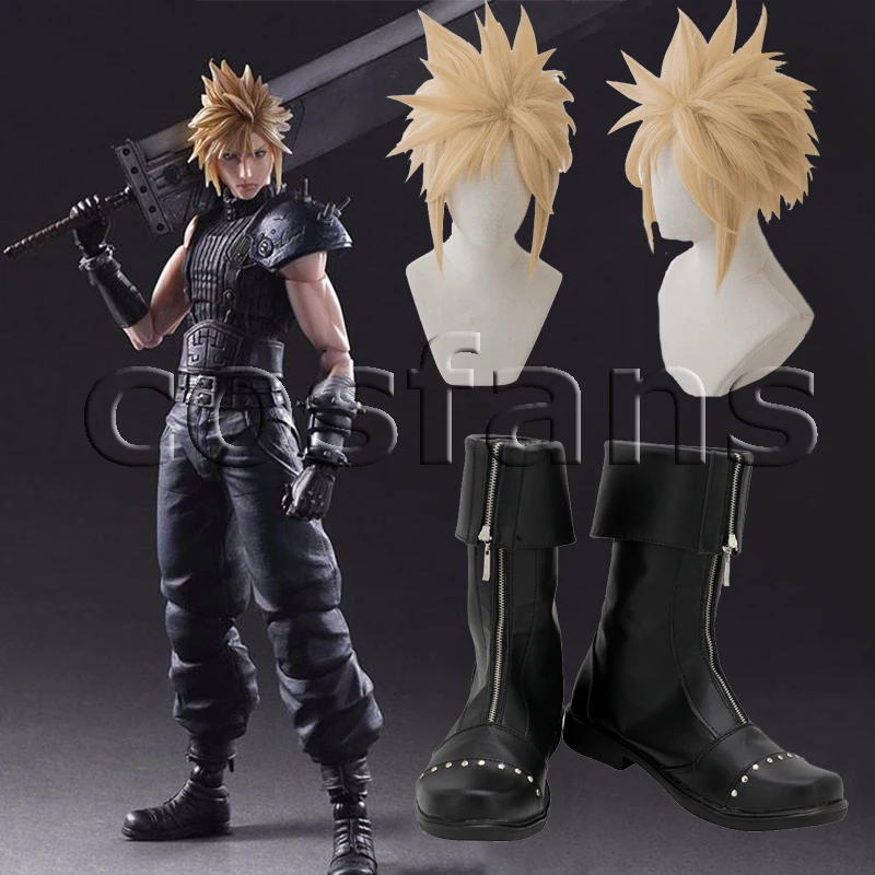 

Final Fantasy 7 FF7 Cloud Strife Cosplay Boots Customized Black Cosplay Shoes FF7 Cloud Strife Linen Blonde Cosplay Wigs+wig cap
