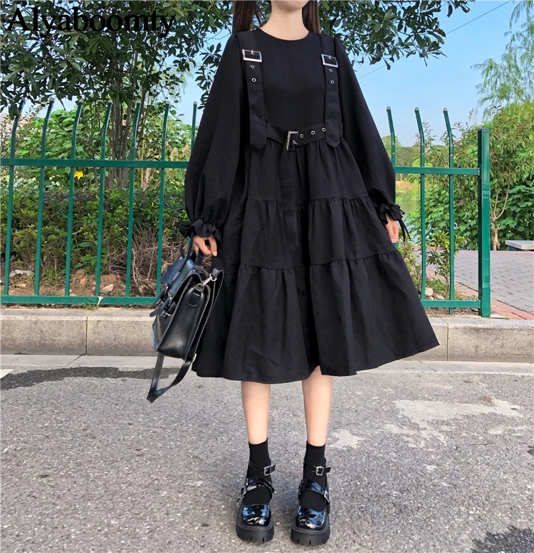 

Japanese Harajuku Women Black Midi Dress Gothic Punk Style Suspenders Bandage Dress Vintage Ruffles Long Baggy Cosplay Costume