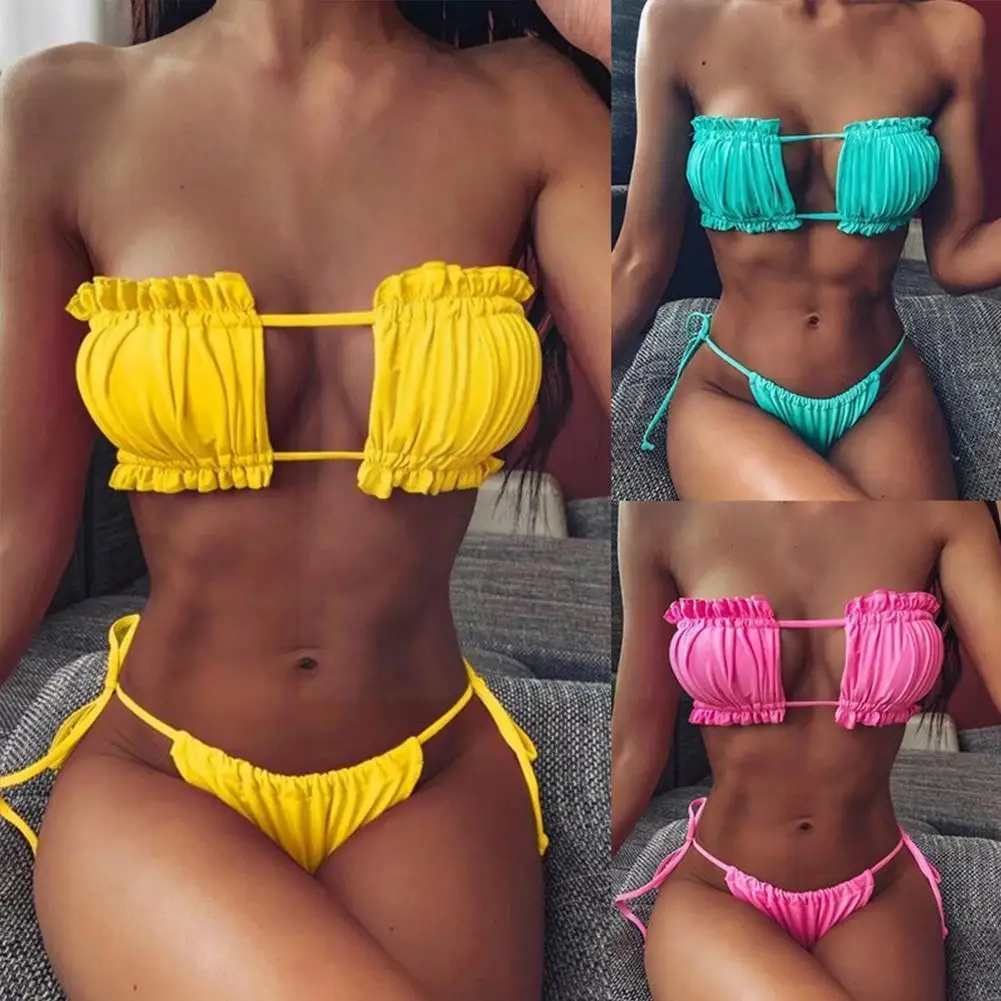 

Сексуальный комплект бикини, плиссированный топ, женский купальник, тканевые разноцветные стринги, двойные и купальники, бикини, пляжная од...