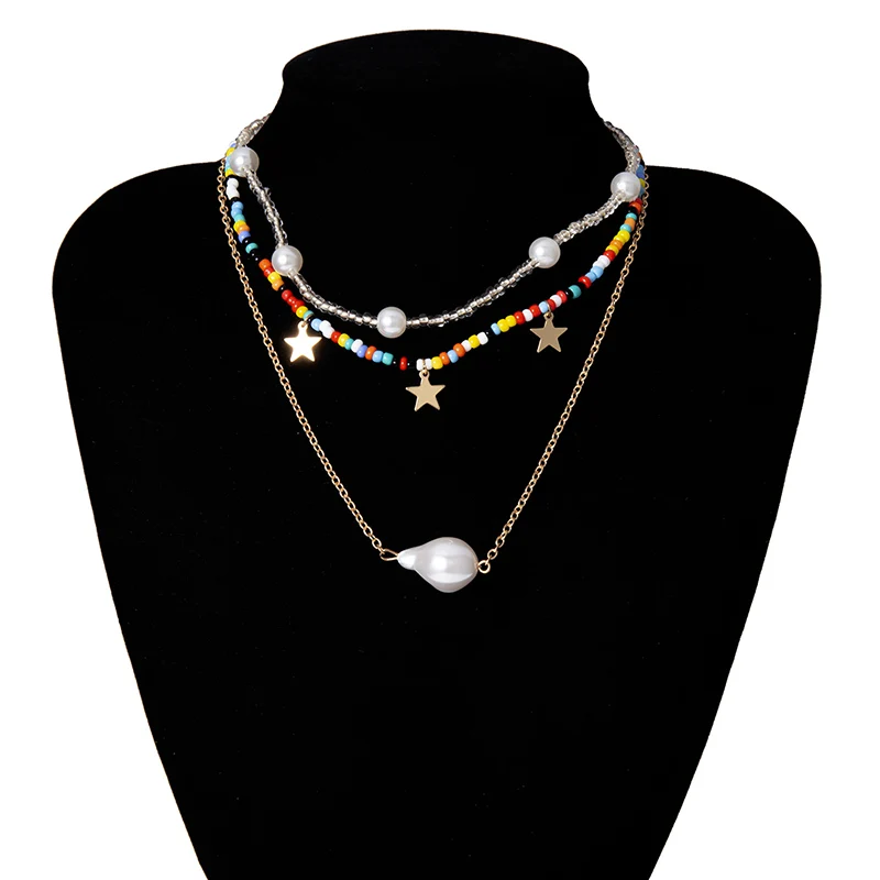Colorful Beads SHIXIN, бохо, Радужное ожерелье с маленькими бусинами, модная звезда/жемчужная подвеска, ожерелье для женщин, многослойная разноцветная цепочка из бисера на шею - Окраска металла: Colorful Beads
