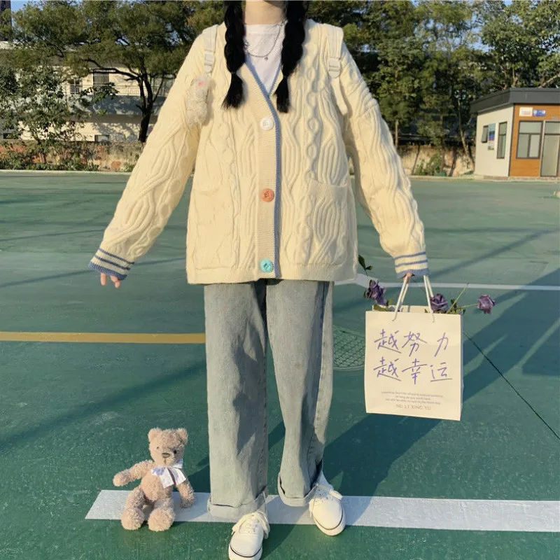 

Cardigan Sweaters Women Loose Cute Newest Lazy Thicker Knitting Feminino V-Neck Warm Student Casual All-match Long Sleeve Lovely