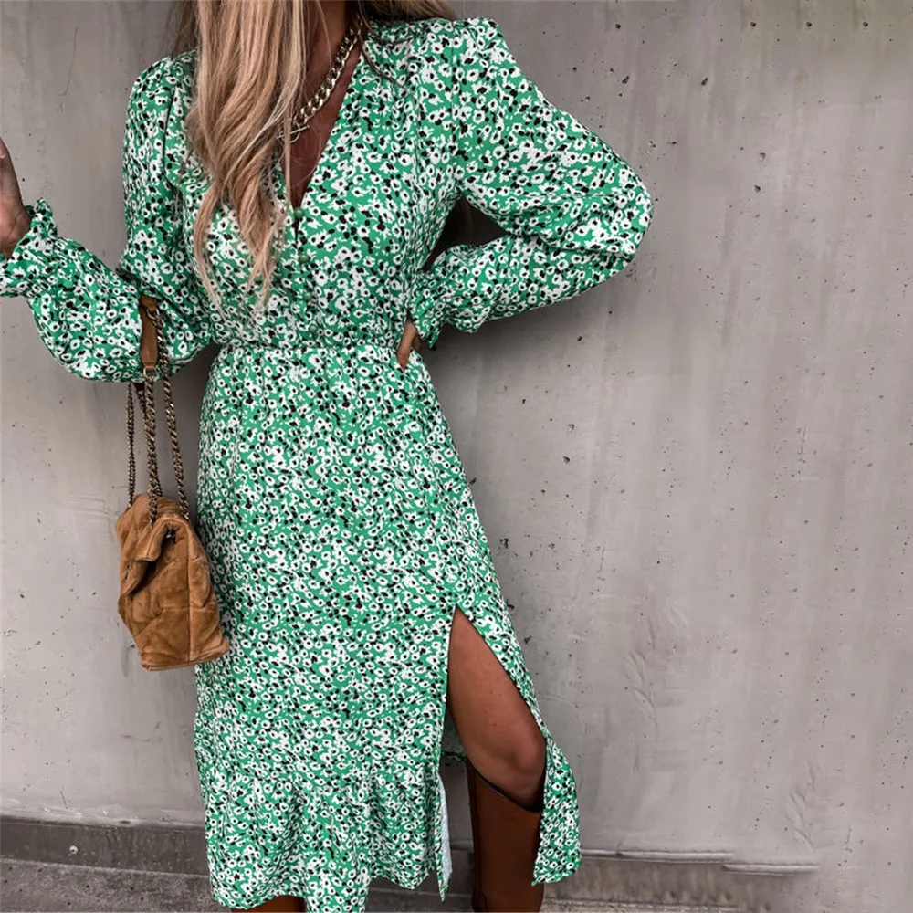 

Woman Floral Pattern Slim Long Sleeve High Waist Sexy V-Neck Outdoor Dress Casual Women Slit Ruffles Hem Floral Pattern
