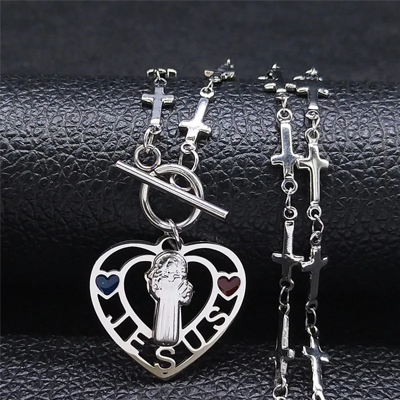 

Christian Heart Jesus Stainless Steel Small Cross Necklace Women/Men Silver Color Chain Necklaces Jewelry gargantilla NXS05