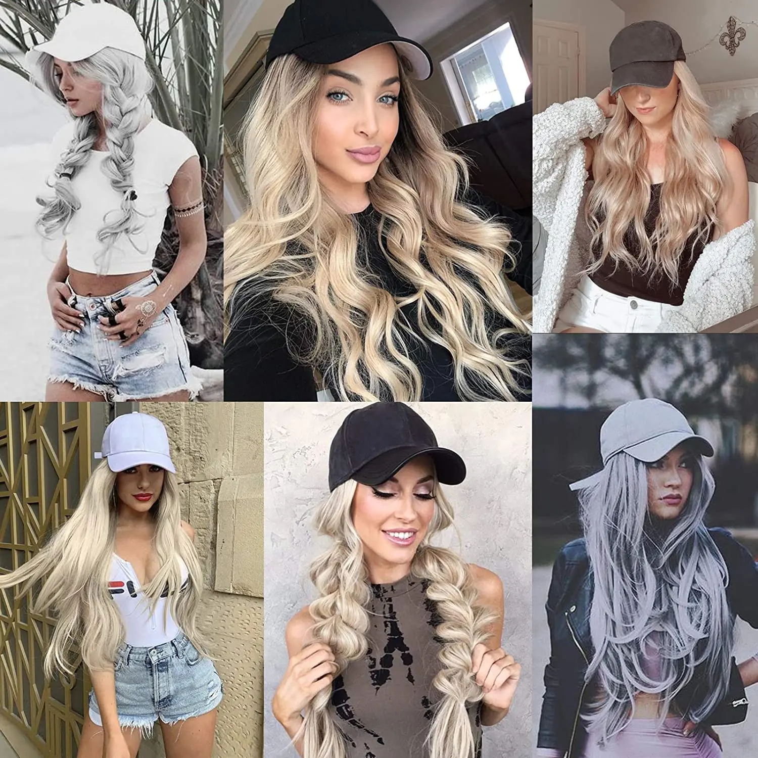 SHANGZI Long Wavy Synthetic Baseball Cap black white Hair Wigs Natural Removable wig hats Naturally Synthetic Hat Wig For Girl