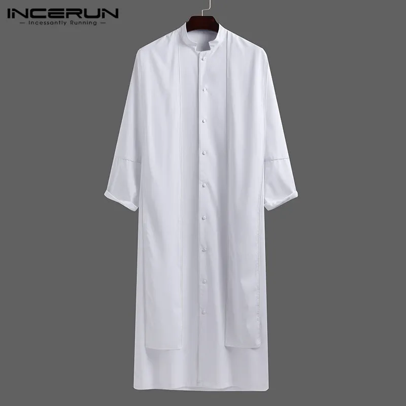 

Men Muslim Jubba Thobe Patchwork Long Sleeve Robes Button Up Stand Collar Caftan Islamic Dubai Kaftan Retro Men Clothing INCERUN