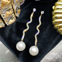 new s925 silver needle long wavy s curve water diamond pearl earring personality earrings exaggerated female earring