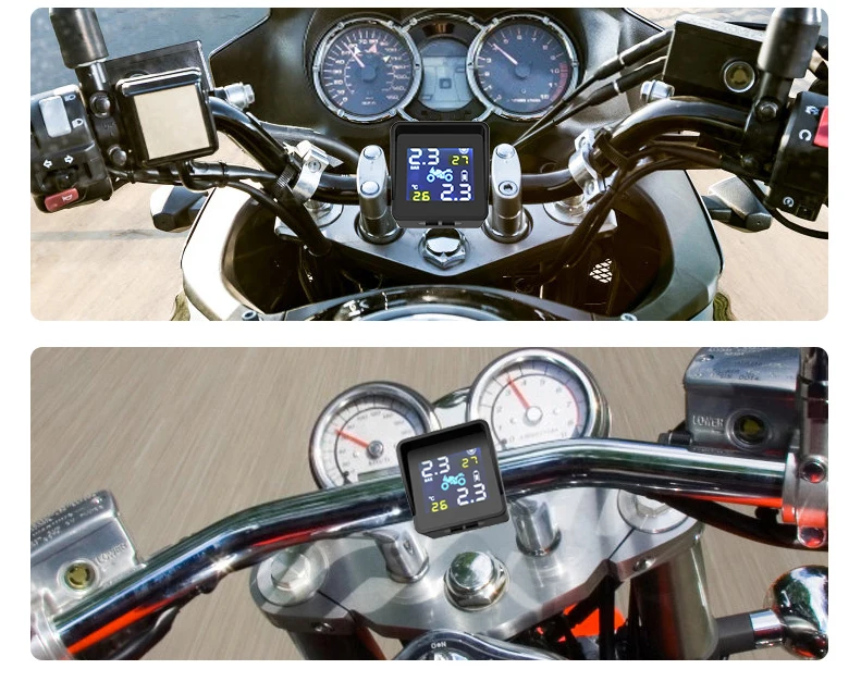 

USB Solar Charging Motorcycle TPMS Motor Tire Pressure Temperature Monitoring Alarm System with 2 External Sensors for MotorBike