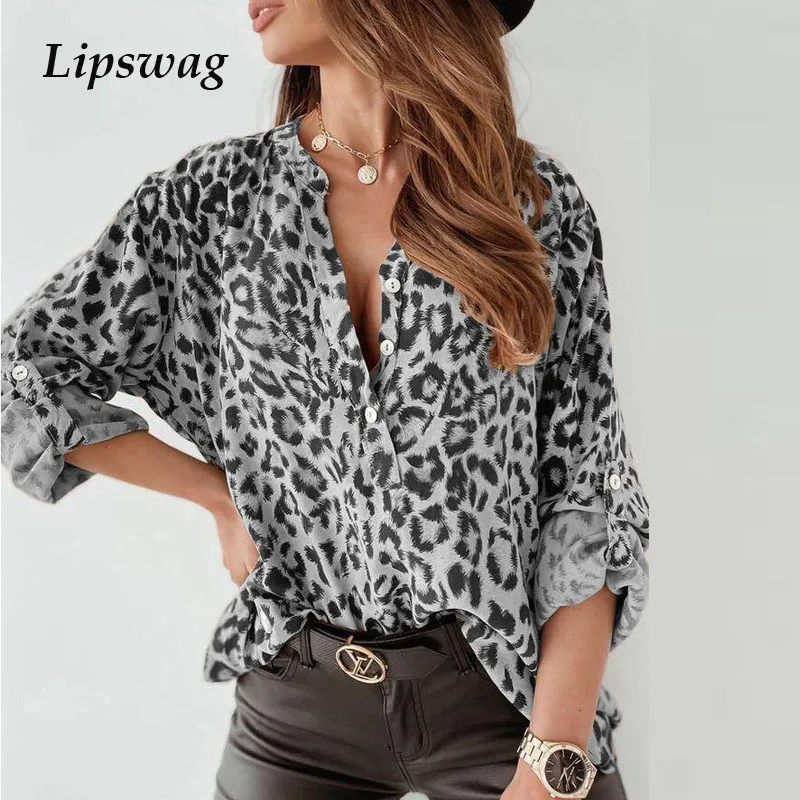 

Fashion Elegant Leopard Blouse Women 2021 Spring New Sexy V-Neck Adjusted Button Shirts Office Ladies Casual Long Sleeve Blusa
