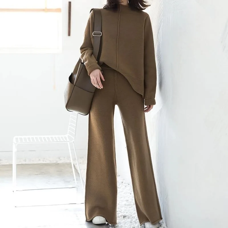 

Two Piece Women Oversize Loose Sweater Pullover+High Waist Wide Leg Pants