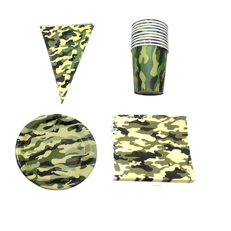 

40PCS Camouflage Theme Hanging Banner Birthday Party Napkins Flags Plates Cups Decorate Boys Favors Bunting Tableware Set