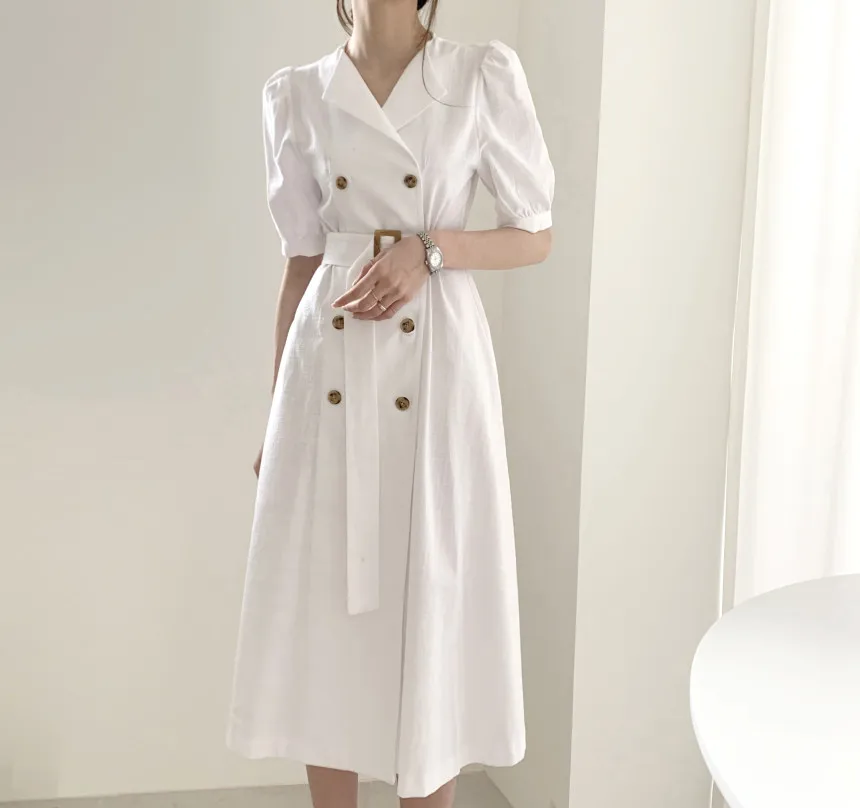

Minimalist temperament lapel double-breasted lace-up waist slimming long short-sleeved dress women