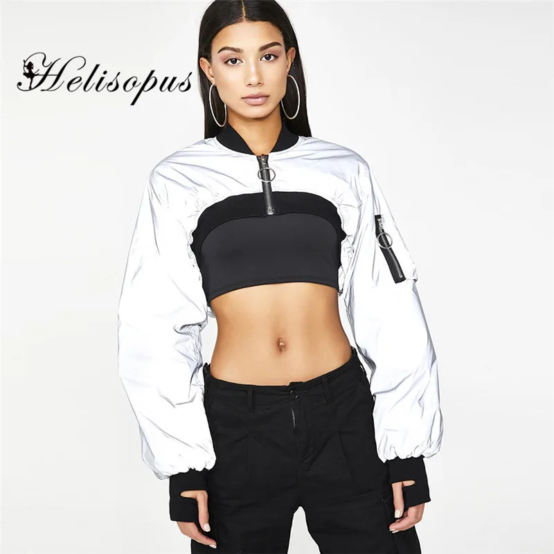 Светоотражающая женская короткая куртка Helisopus куртки бомберы на молнии с длинным