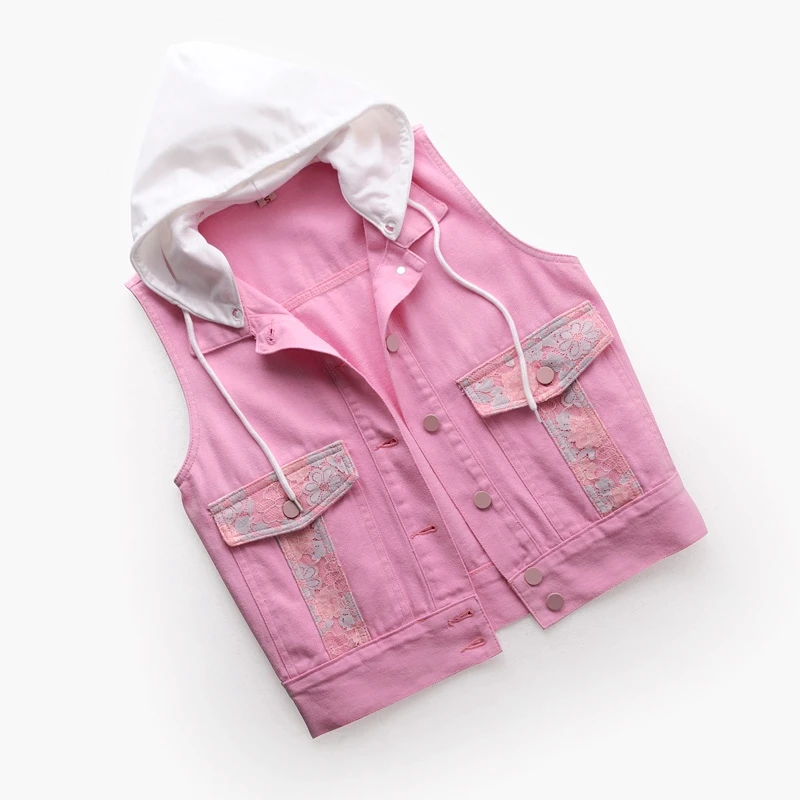 Жилет женский джинсовый с капюшоном модный приталенный однобортный жилет из