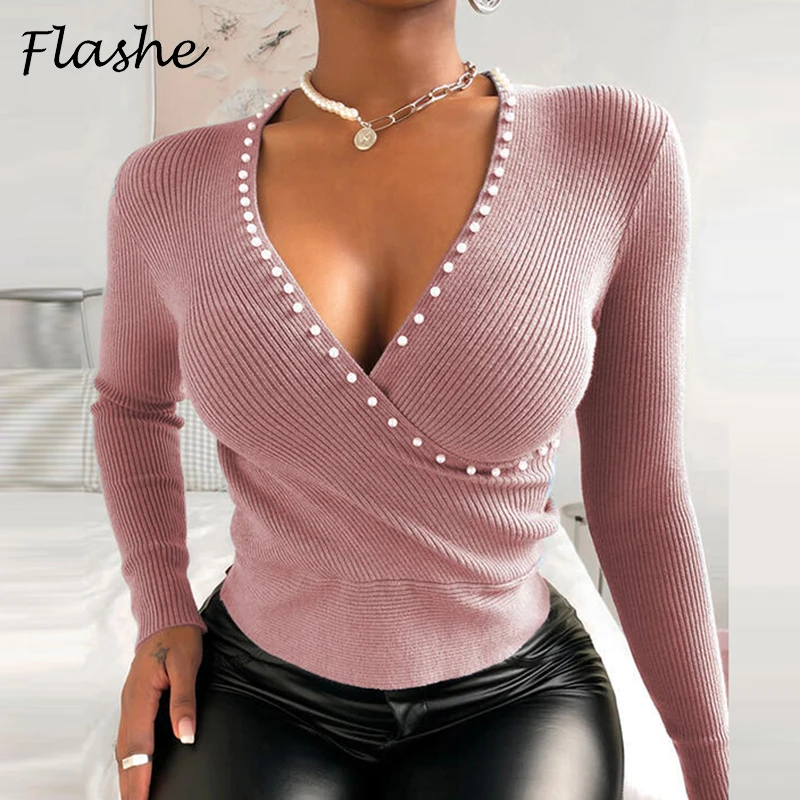 

2021 Spring Wrap V-Neck Rib Knitted T-shirt Elegant Beading Slim Women Shirt Office Ladies Long Sleeve Autumn Tops Pullover