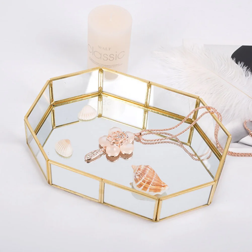 

Mirrored Octagonal Metal Tray Geometry Storage Baskets Elegant Box Ideal Whiskey Decanter Jewelry Necklace Storage Dessert Plate