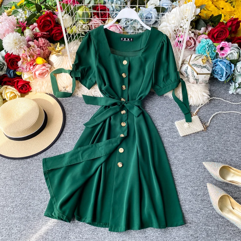 

Elegant Square Collar Dress Short Sleeve Summer New Single Breasted Lace-up Slim Solid Color A- Line Midi Dresses