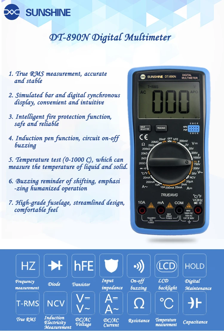 Цифровой мультиметр SUNSHINE DT-890N высокоточная Автоматическая дальность мультиметр точность и стабильный тестер