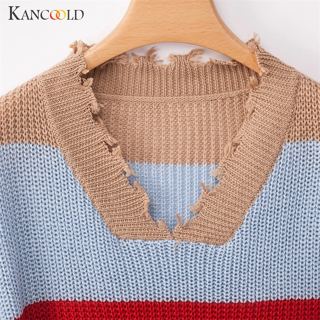 Женский вязаный пуловер с кисточками KANCOOLD глубоким v-образным вырезом и длинным