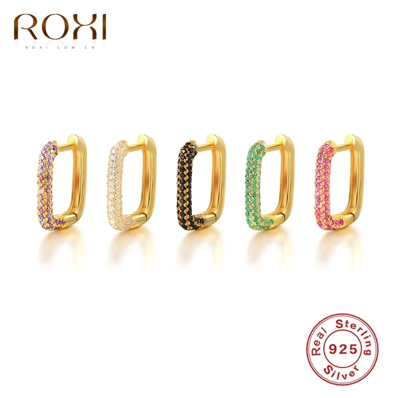 

ROXI Half Crystals Rectangle Hoop Earrings for Women Colorful Huggie Ear Buckles Cartilage Earrings 925 Sterling Silver Jewelry