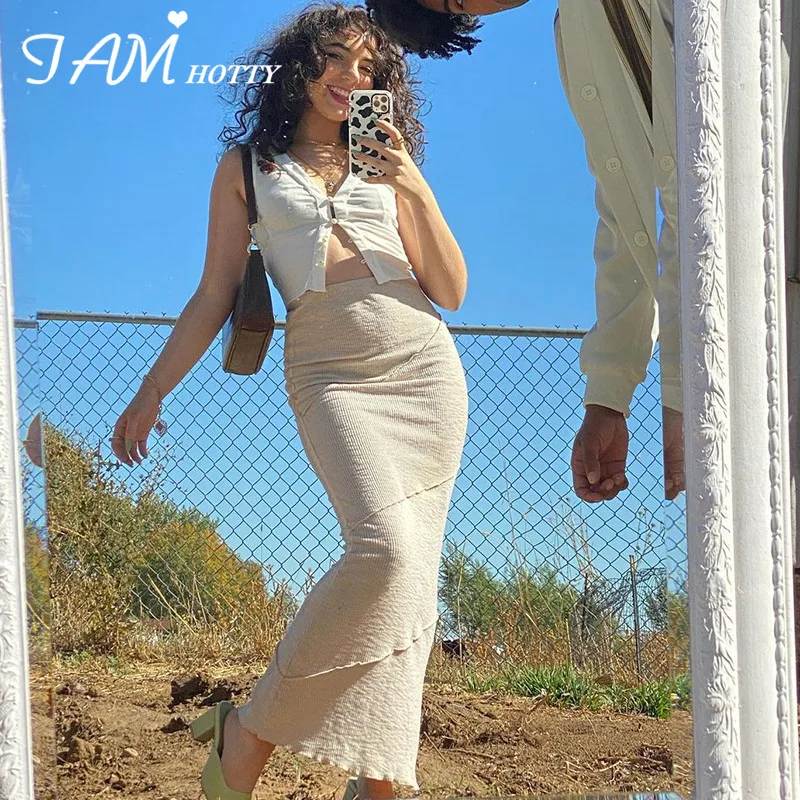 

White Ribbed Reverse Thread Long Pencil Skirt Women Elegant Korean Style High Waist Wrap Maxi Skirts Vintage Bottom 90s Iamhotty
