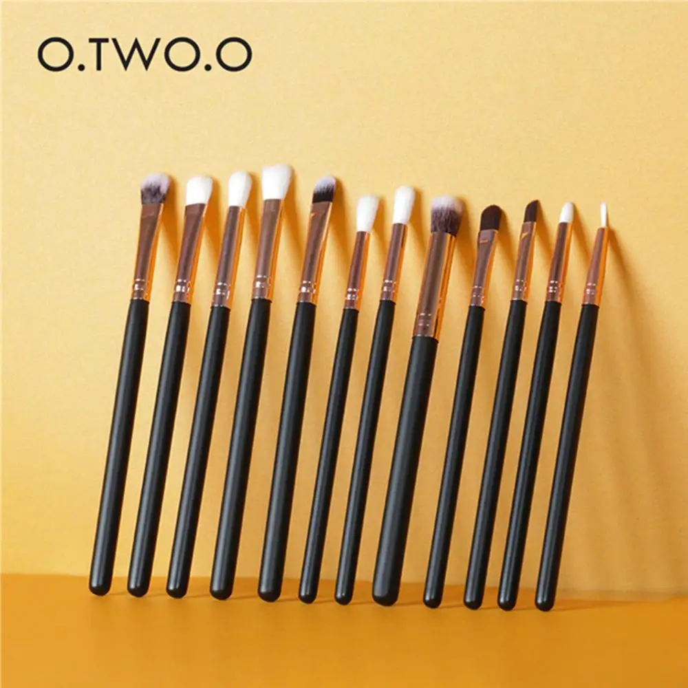 O.TWO.O 12pcs Black Pink Makeup Eye Brush Set Wood Handle Eyeshadow Eyebrow Eyeliner Brushes Make up Kit