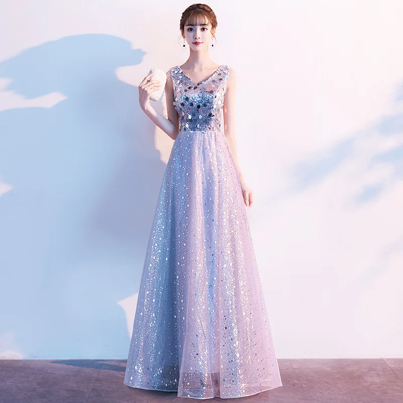 

Gray Sequins Fashion Oriental Party Female Cheongsam Stage Show Qipao Dress Elegant Celebrity Banquet Dresses De Festa