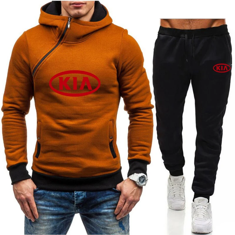 

KIA car brand 2021 men's diagonal zipper sweater + pant suit trendy brand sports and leisure pullovers European and American